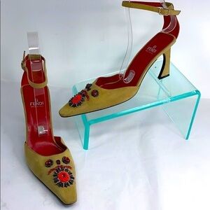 Fendi Sz 9.5M Beige Suede Beaded Ankle Strap Heels